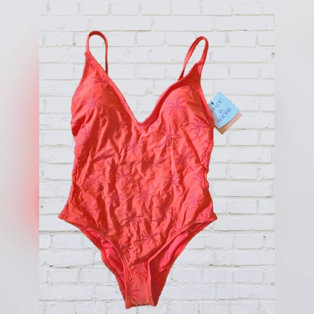 SHADE & SHORE Palm Print Embroidered Plunge Neck Full Coverage One Piece - Picture 4 of 4